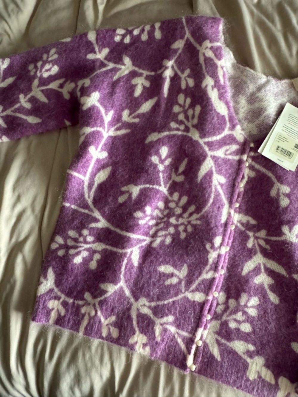 Sezane Purple and Cream Floral Button-Front Cardigan - Picture 3 of 6